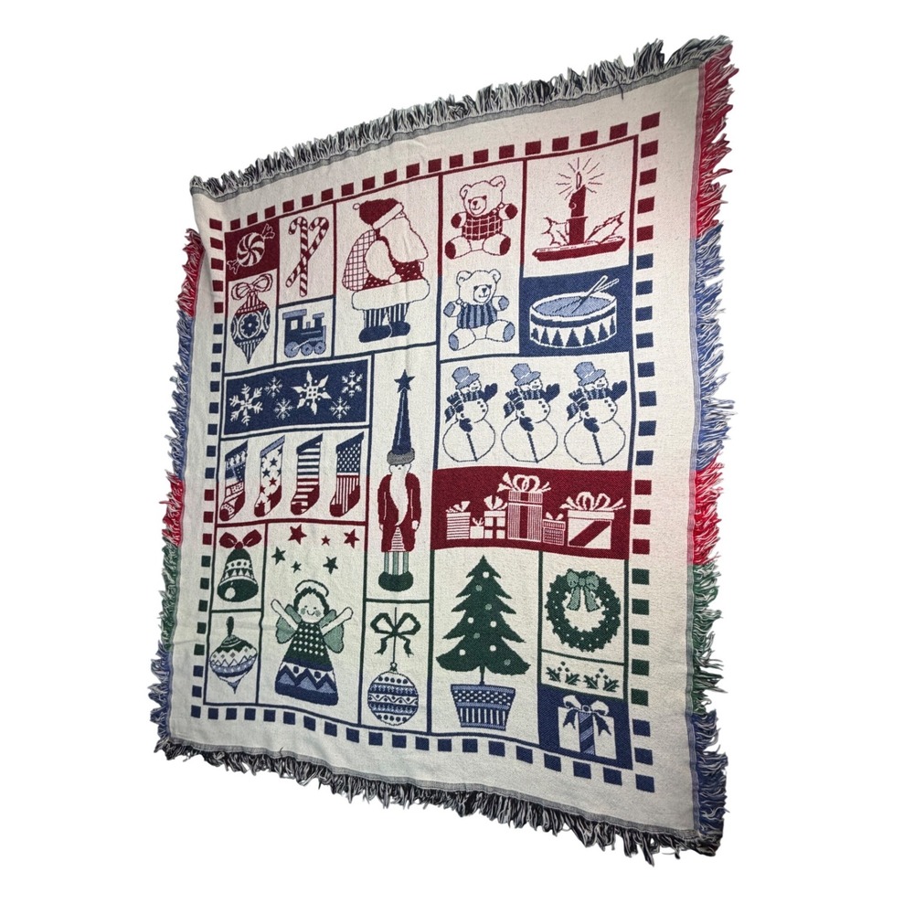 Vintage Coming Home Woven Christmas Throw Blanket Cotton USA Santa Fringe 53x60
